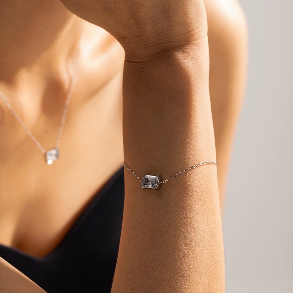 Waterproof Silver Solitaire Bracelet*Tennis Baguette Emerald Cut Diamond*JD